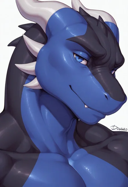masterpiece, best quality, amazing quality, solo, 1boy,
Anthro,dragonWao,two tuned body,black body,blue body, horns,bara, face focus, close-up,
White background,