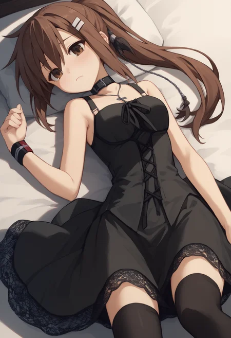 score_9, score_7_up, minakami yuki, brown hair, ponytail, brown eyes, hair ornament, hairclip, choker, black dress, sleeveless, necklace, single wristband, black thighhighs, on back,   <lora:Minakami Yuki 4:1>