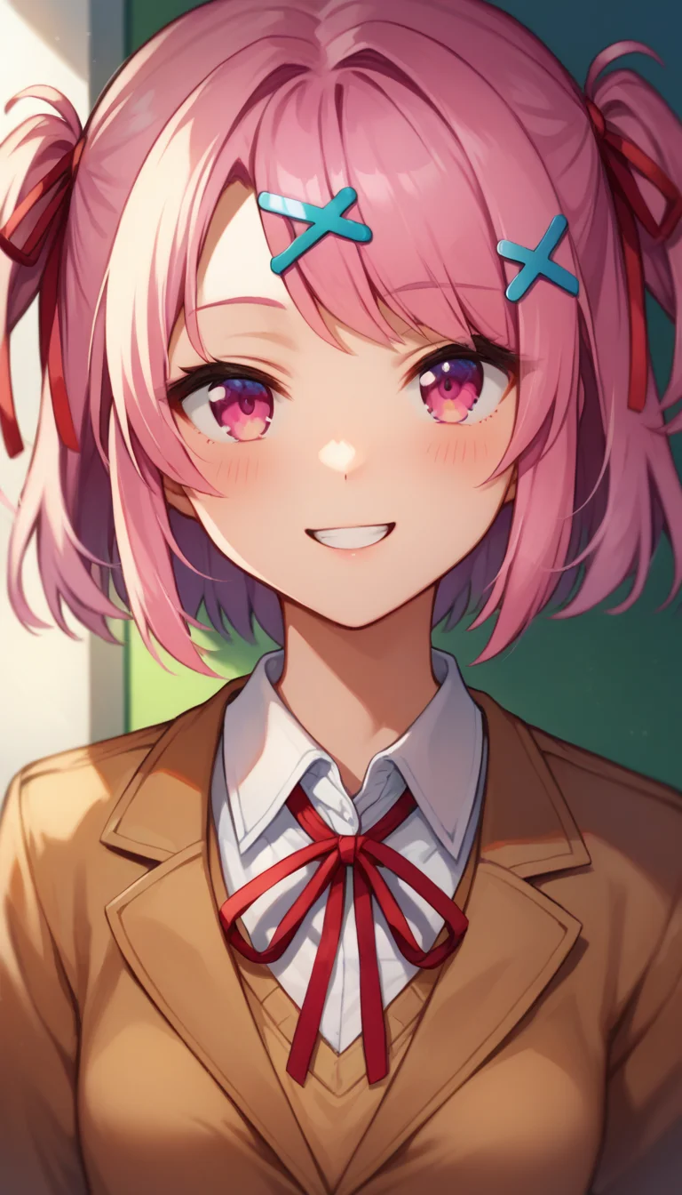score_9,score_8_up,score_7_up,score_6_up BREAK official art,solo,outdoors,upper body,(portrait:1.5),looking at viewer,facing viewer,smile,blush,(petite:1.5),Natsuki,short hair,pink hair,two side up,x hair ornament,hair ribbon,red ribbon,hairclip,swept bangs,pink eyes,school uniform,brown jacket,blazer,wing collar,neck ribbon,red ribbon,brown sweater vest,white shirt,collared shirt,long sleeves,small breasts,skindentation,miniskirt,blue skirt,pleated skirt,white socks,uwabaki,white footwear,<lora:Natsuki(ddlc)-Pony:1.8>,