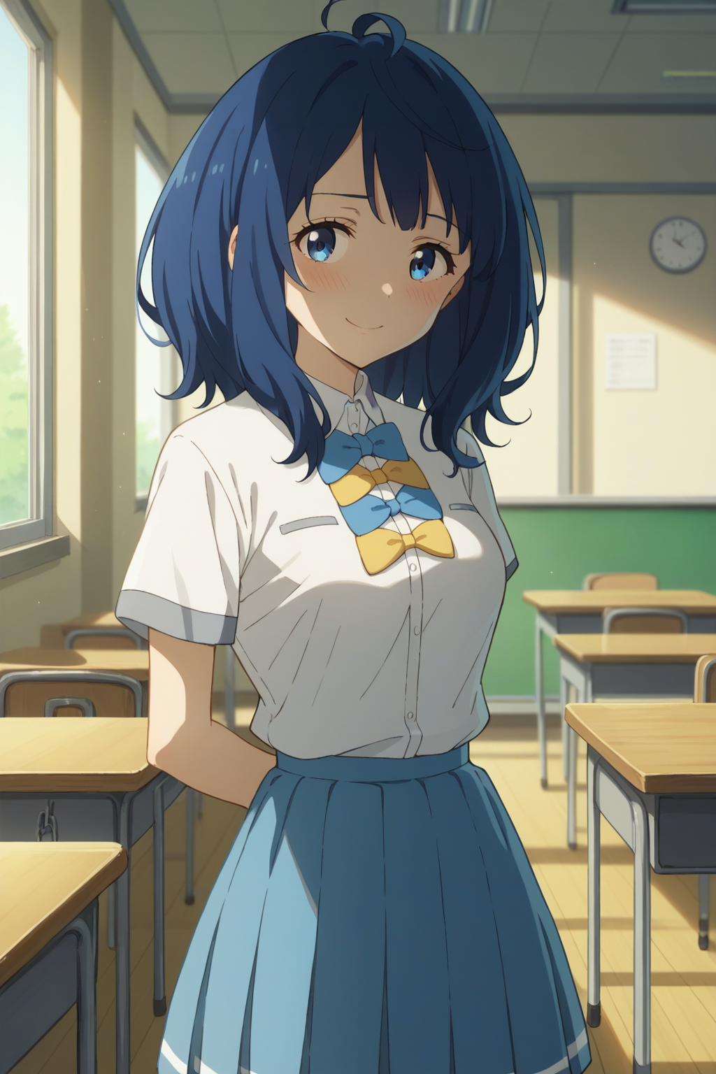 score_9, score_8_up, score_7_up, source_anime, 1girl, prefect lighting, very aesthetic, intricate details, highly detailed background, masterpiece, high quality, prefect hands, best quality, solo,
<lora:Anna_Yanami_Too_Many_Losing_Heroines_V1:.85>, KJOanna, blue hair, blue eyes, medium hair, 
school uniform, blue pleated skirt, kneehighs, short sleeves, bow, 
arms behind back, nervous, smile, looking at viewer, blush, 
School, classroom, window, sunny,
(Beautiful, medium Breasts:1.2), natural breasts,