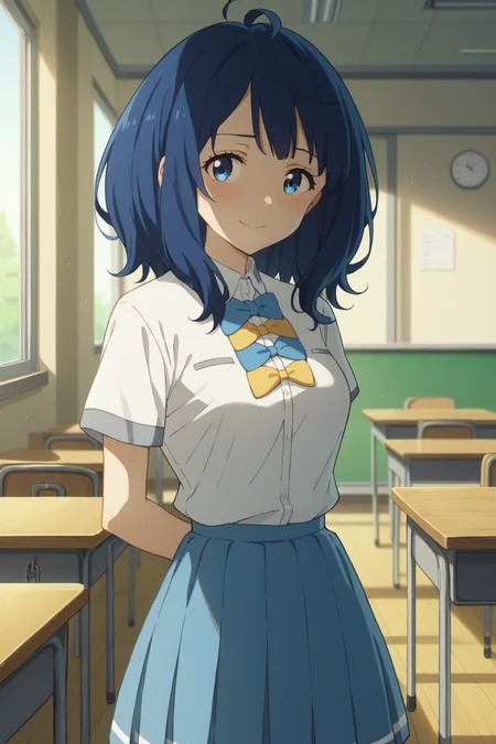 score_9, score_8_up, score_7_up, source_anime, 1girl, prefect lighting, very aesthetic, intricate details, highly detailed background, masterpiece, high quality, prefect hands, best quality, solo,
<lora:Anna_Yanami_Too_Many_Losing_Heroines_V1:.85>, KJOanna, blue hair, blue eyes, medium hair,
school uniform, blue pleated skirt, kneehighs, short sleeves, bow,
arms behind back, nervous, smile, looking at viewer, blush,
School, classroom, window, sunny,
(Beautiful, medium Breasts:1.2), natural breasts,