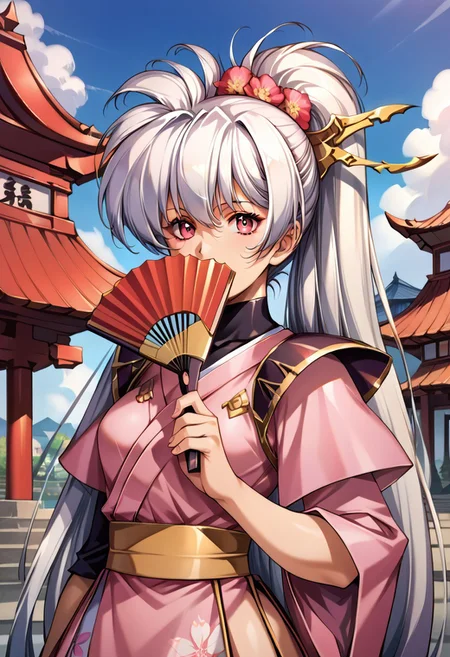 (score_9,score_8_up,score_7_up,source_anime,(masterpiece:1.2),best quality,very aesthetic,public indecency,absurdres),masterpiece,best quality,very aesthetic,fantasy,absurdres,1girl,solo, ,Luna,white hair, ponytail, , very long hair lora:Fixhands_anime_bdsqlsz_V1:1> junihitoe kimono, 1girl, solo, hand fan, egasumi, looking at viewer, folding fan, holding, holding fan, pink kimono, floral print, sleeves past wrists, covering mouth, hime cut, masterpiece,best quality, very aesthetic, absurdres, ultra detailed, high resolution, 4k, extremely detailed CG,