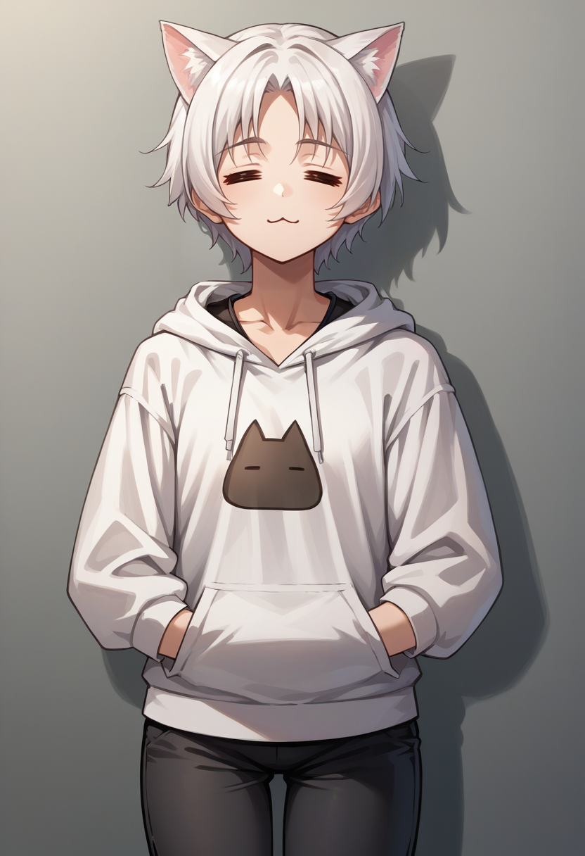 score_9, score_8_up, source_anime, 1girl, solo, =w=, :3, = =, eyes closed, cat girl, white hair, hoodie, capri pants, <lora:ChamElfExpressionPonyXL:1>