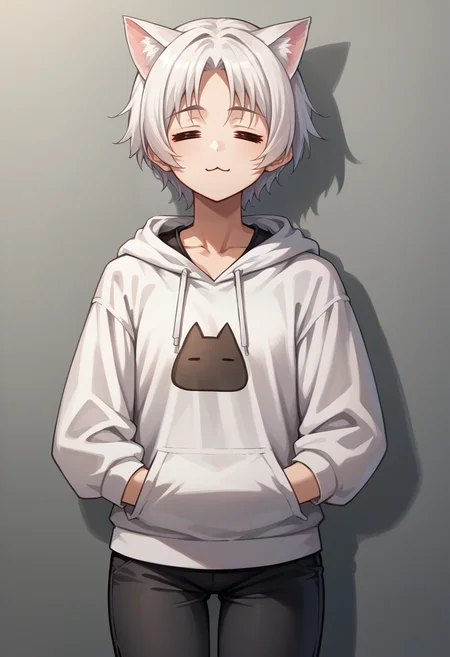 score_9, score_8_up, source_anime, 1girl, solo, =w=, :3, = =, eyes closed, cat girl, white hair, hoodie, capri pants, <lora:ChamElfExpressionPonyXL:1>
