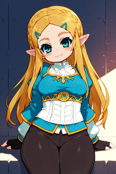 masterpiece, best quality, medium breasts, (curvy), ,,, BREAK, princess zelda, long hair, crown braid, hairclip, pointy ears, blue shirt, long sleeves, fingerless gloves, black gloves, black pants, tight pants, smile, curvy, head tilt, sitting, warm light, ,,, ,,, <lora:ZankuroIXLLight_v2:1.0>,BREAK, smile, looking at viewer, cowboy shot, <lora:MantisStyleIXL:1.0>,