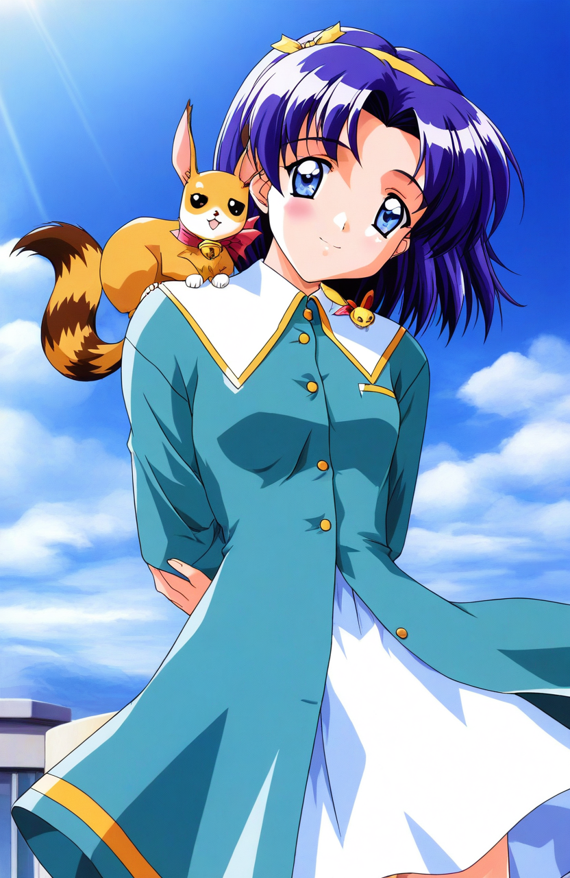 general,highres, ultra-detailed,very aesthetic,best quality ,best hands, BREAK <lora:Nozaki_sumire_Tokimeki_Memorial2_IS:1>
Nozaki_sumire(Tokimeki_Memorial2), 1girl, solo, blue eyes, blue hair, short hair, hairband, small breasts,
aqua dress, white skirt, 
 animal on shoulder, arms behind back, looking at viewer,
 standing, animal, long sleeves, buttons, parted bangs, cowboy shot, 
blue sky, day,