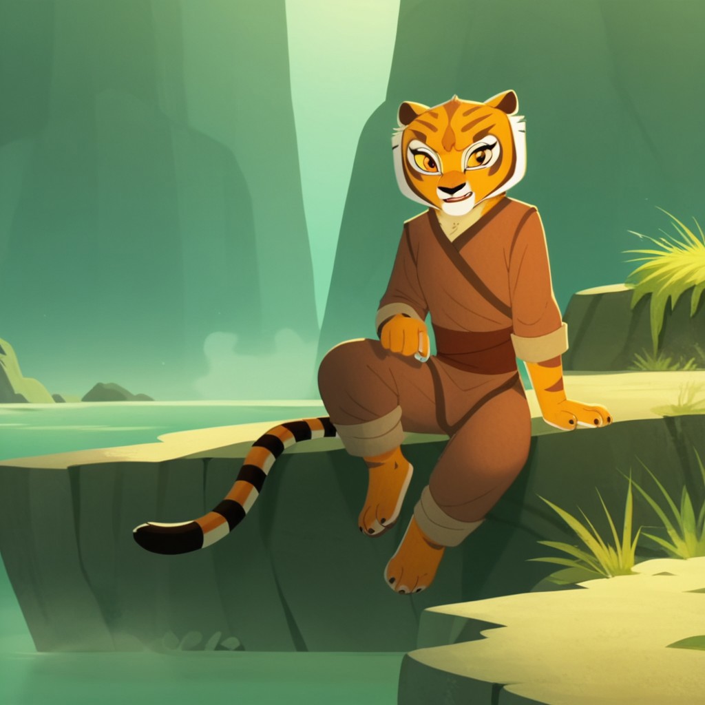 score_9, score_8_up, score_7_up, score_6_up, score_5_up, score_4_up, source_furry, tigresskfpv2, anthro, female, tiger, orange fur, barefoot, outside,  solo, 1girl, yellow sclera, orange eyes,
