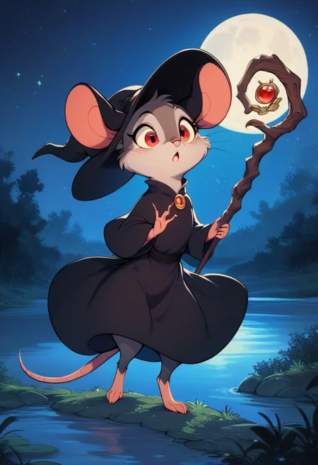score_9, score_8_up, score_8, solo, (fluffy:0.8), (feral), furry, (((mouse))), female, (fluffy cheeks:0.7), (black dress), witch hat, staff, red eyes, grey fur, black ears, cute, (solo:2), j_cartoon, lake, look at sky, surprised expression, night, moon, night sky, casting spell,