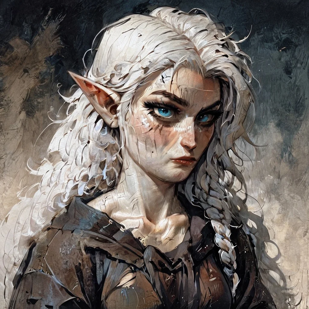 score_9, score_8_up,
score_9, score_8_up, (((white skin))), (pale skin), (alabaster skin), white hair, blue eyes, muscular, female, fit, visible abs, medium breasts, elf, linen shirt, torn linen shirt, elf ears, pointy ears, pony tail, messy hair, very pale skin, solo female, 1 female, 1 character, completly white skin, pale, white, wavy hair, adult, beautiful, seductive, clothed, masterpiece, fantasy, scar on face, scar on eye, bruised, toga, abs, visible abs, braided hair, medival cloathes, medival, robe, toga