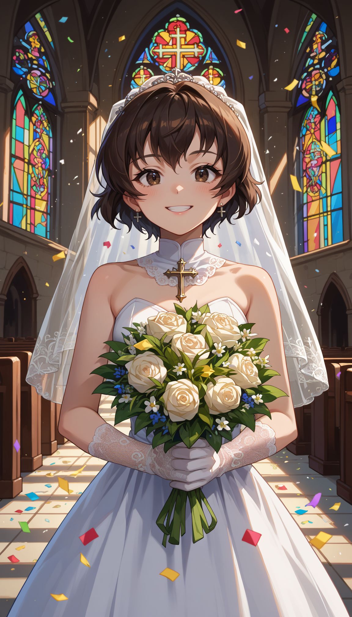 score_9, score_8_up, score_7_up, source_anime,
 <lora:GUPCaesar:1> gupcaesar, short hair, brown eyes, brown hair, ndoors, church, stained glass, whie veil, laced gloves, upper body, close portrait church, holding bouquet, (confetti:1.1), smile, white dress, wedding dress, church, holding bouquet, (confetti:1.1)
