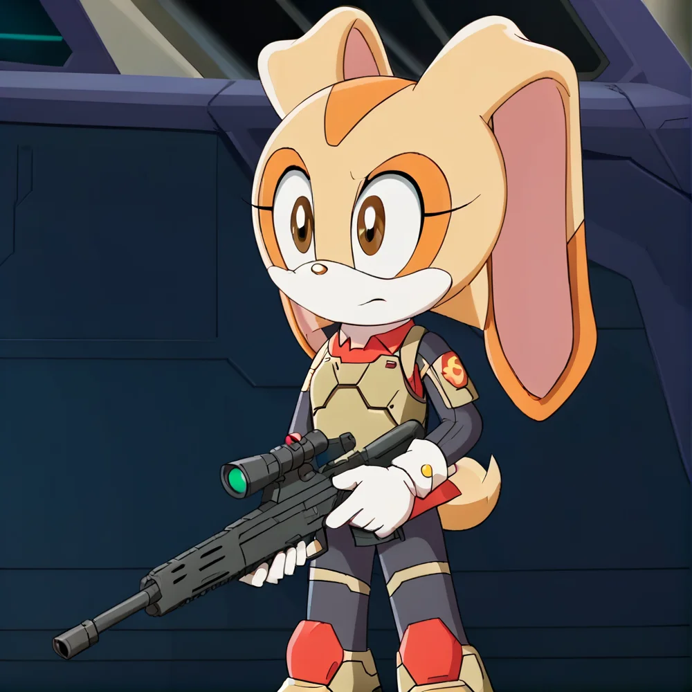 hi res, best quality, female, Score_9, score_8, score_7 BREAK, best anatomy, small body, young, petite, (solo), ultra detailed, short, (source_cartoon), (((show accurate))), (masterpiece), <lora:Cream_the_rabbit_Pony_V3:1>, cre@m_the_rabbit, furry, two-tone fur, rabbit ears, 1girl, animal nose, brown eyes, rabbit girl, armor, cyberpunk outfit, gun, rifle, holding,