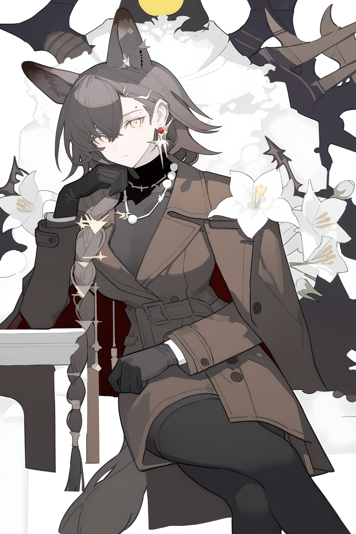 masterpiece,best quality,
penance \(arknights\),1girl,wolf_ears,extra_ears,long_hair,braided_ponytail,brown_hair,wolf_tail,breasts,sitting,crossed_legs,jewelry,yellow_eyes,elbow_gloves,black_gloves,earrings,white_flower,duffel_coat,necklace,black_cape,simple_background,looking_at_viewer,white_background,
<lora:ãILXLãJacknife-000009:1>,