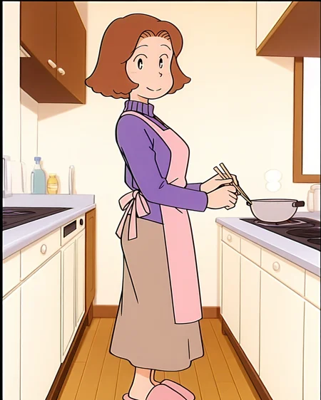 (masterpiece:1.4), (best quality:1.4),  very aesthetic, newest,best quality, amazing quality, absurdres,
azuki_mama, 1girl, mature female,black and white eyes, brown hair, short hair, 
purple sweater,  pink apron, long sleeves, turtleneck sweater,
apron, slippers,long skirt,
full body
sitting on sofa,living room
 <lora:azuki_mama:0.9>
indoors, 
standing,smile
anime screenshot
looking at viewer
kitchen,cooking,holding chopstick,from side