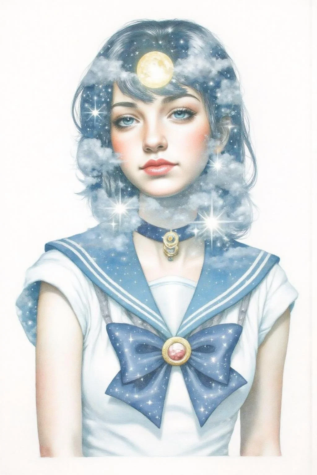 Portrait painting. Portrait painting. Sailor Moon, blending seamlessly with a night sky with a full moon and stars. The background is stark white. <lora:doubleexpopainting1_cap_d6a3e13:1.0><lora:850318441574335367:0>