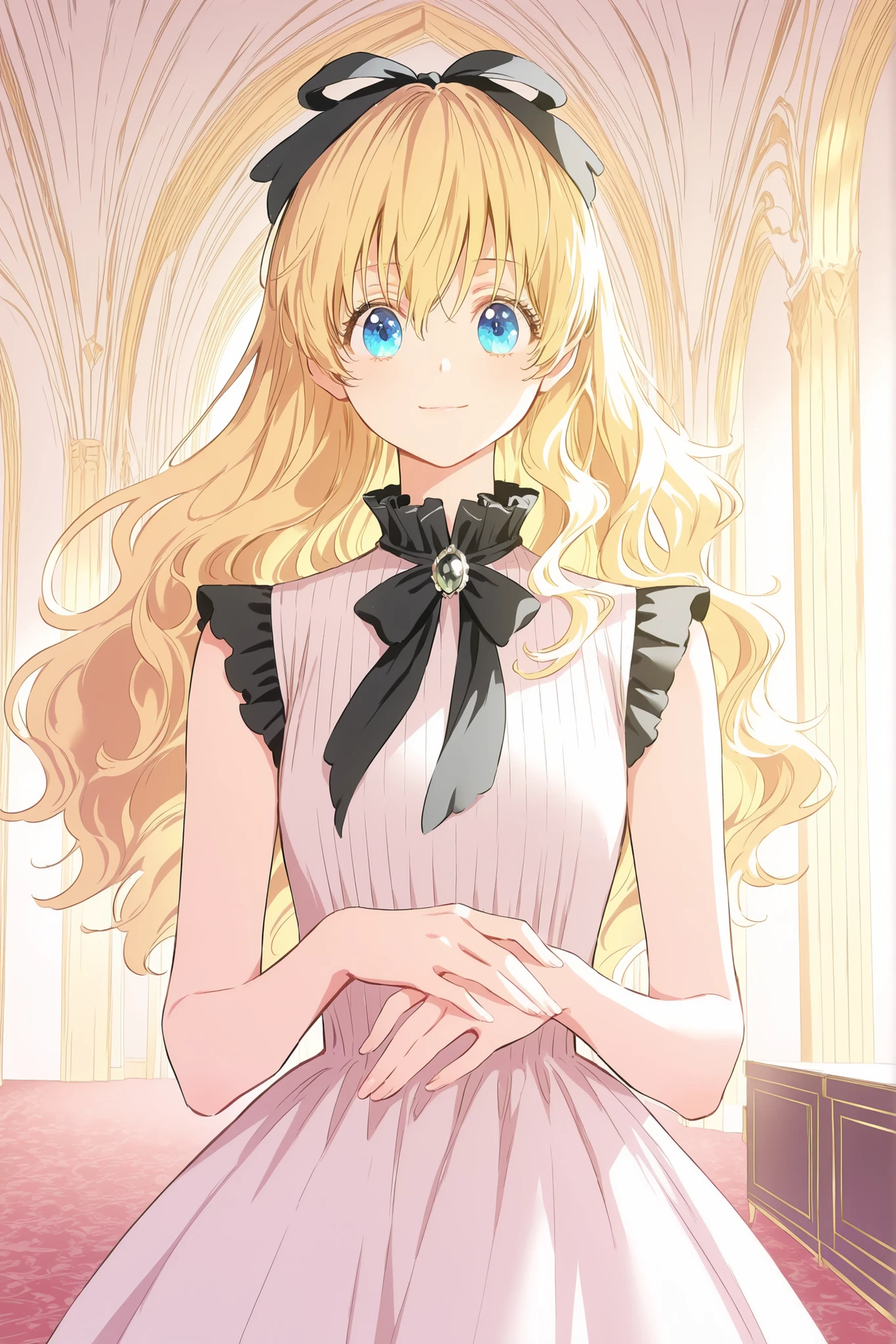 masterpiece, best quality, absurdres, high quality, detailed illustration, sharp focus, whitesleevelessdress, 1girl, solo, athanasia, blonde hair, blue eyes, long hair, wavy hair, hair ribbon, black ribbon, hair bow, black bow, dress, white dress, sleeveless dress, pintucks, ruffles, neck bow, brooch, high collar, looking at viewer, gentle smile, elegant pose, delicate features, soft lighting, indoors, palace interior, detailed background, cowboy shot, portrait
