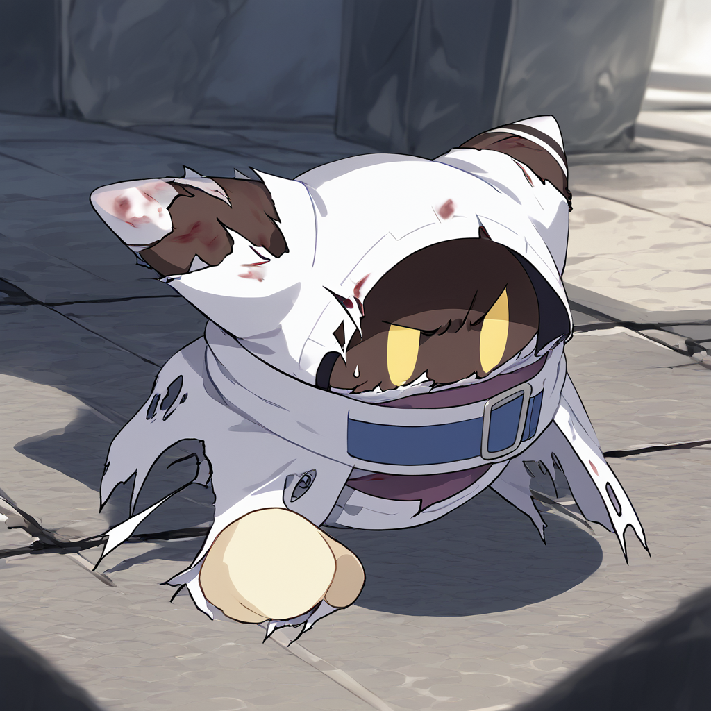 <lora:Mahoegg-08:1> mahoegg, no humans, white clothes, torn clothes, upset