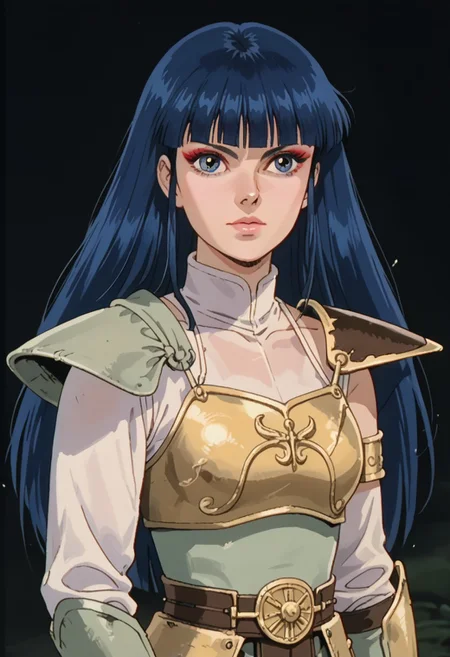 score_9, score_8_up, score_7_up, realistic, vhslora, vhs screencap, ladykayura, kayura, ronin warriors, solo, 1girl, retro, blue hair, 1980s (style), bangs, long hair, blue eyes, portrait, makeup, armor, shoulder armor, gloves, swords