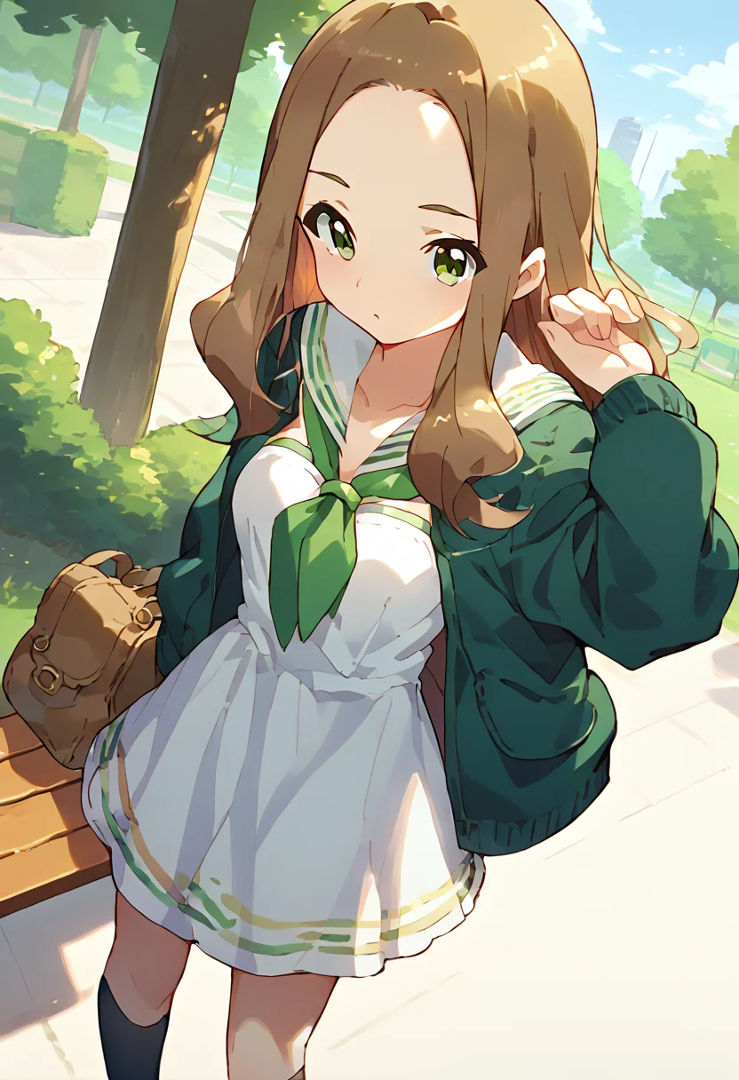 score_9,score_8_up,score_7_up,source_anime,zPDXL3,park,park bench,tree,
*//*,<lora:KikumaKaya-v1.0:1.0>,kikumakaya_wug,green eyes,brown hair,long hair,forehead,black socks,white dress,short dress,shoes,brown footwear loafers,sailor collar,green jacket,open clothes,clothing cutout,(green neckerchief:0.9),
*//*,looking at viewer,cowboy shot,dutch angle,