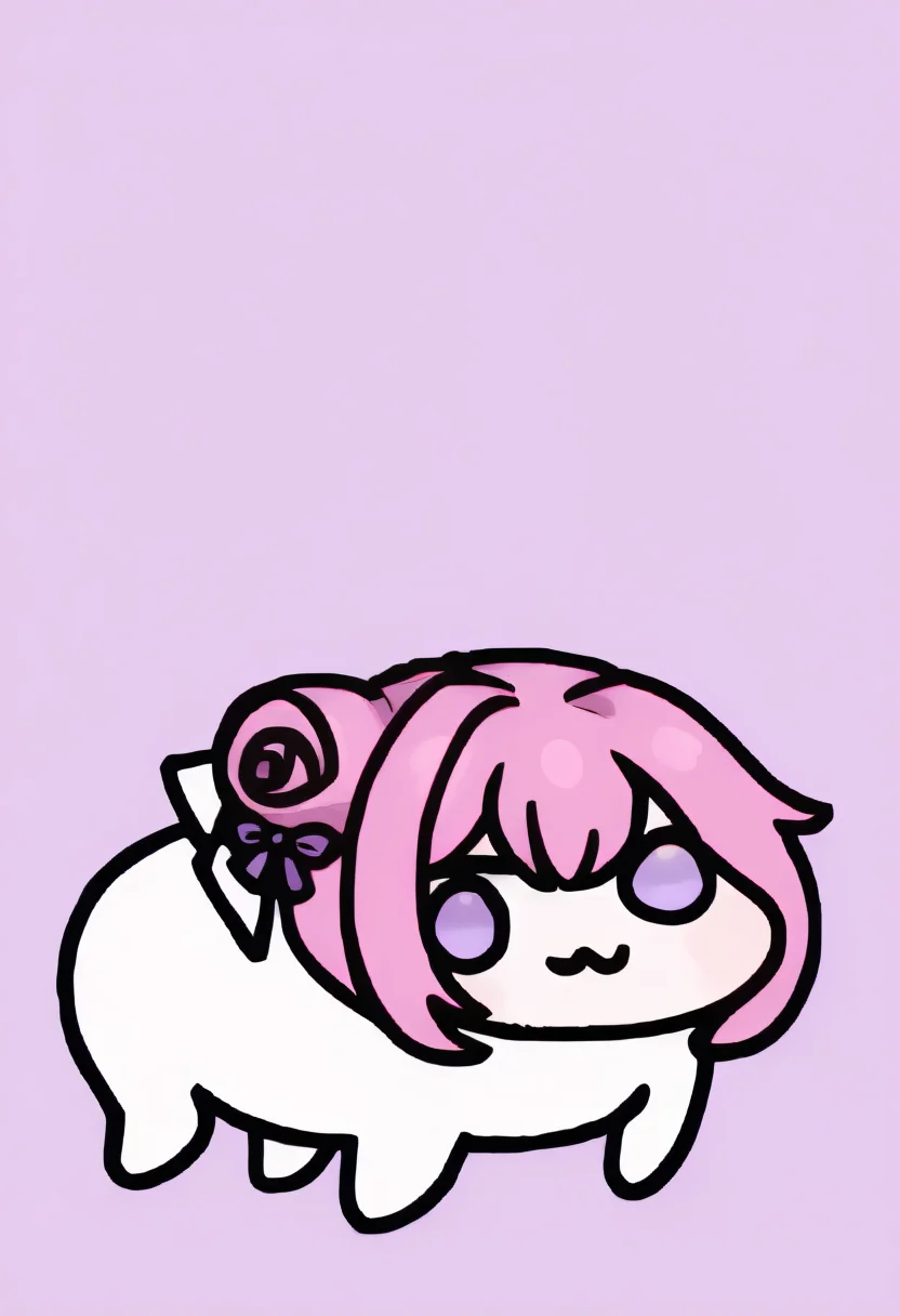 chibi, masterpiece, best quality, <break> solo, doro, :3, chibi, no pupils, solid circle eyes, full body, white skin, all fours, dorothy \(nikke\), pink hair, purple eyes, single side bun, hair bow, purple ribbon, simple background