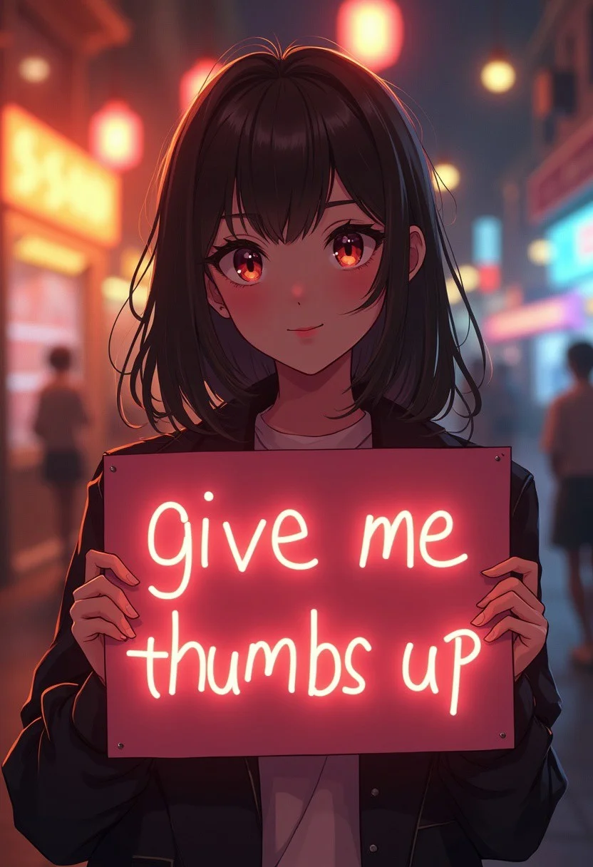 beautiful woman holding a sign it says "give me thumbs up or buzz", realistic, cinematic,bokeh. anime style