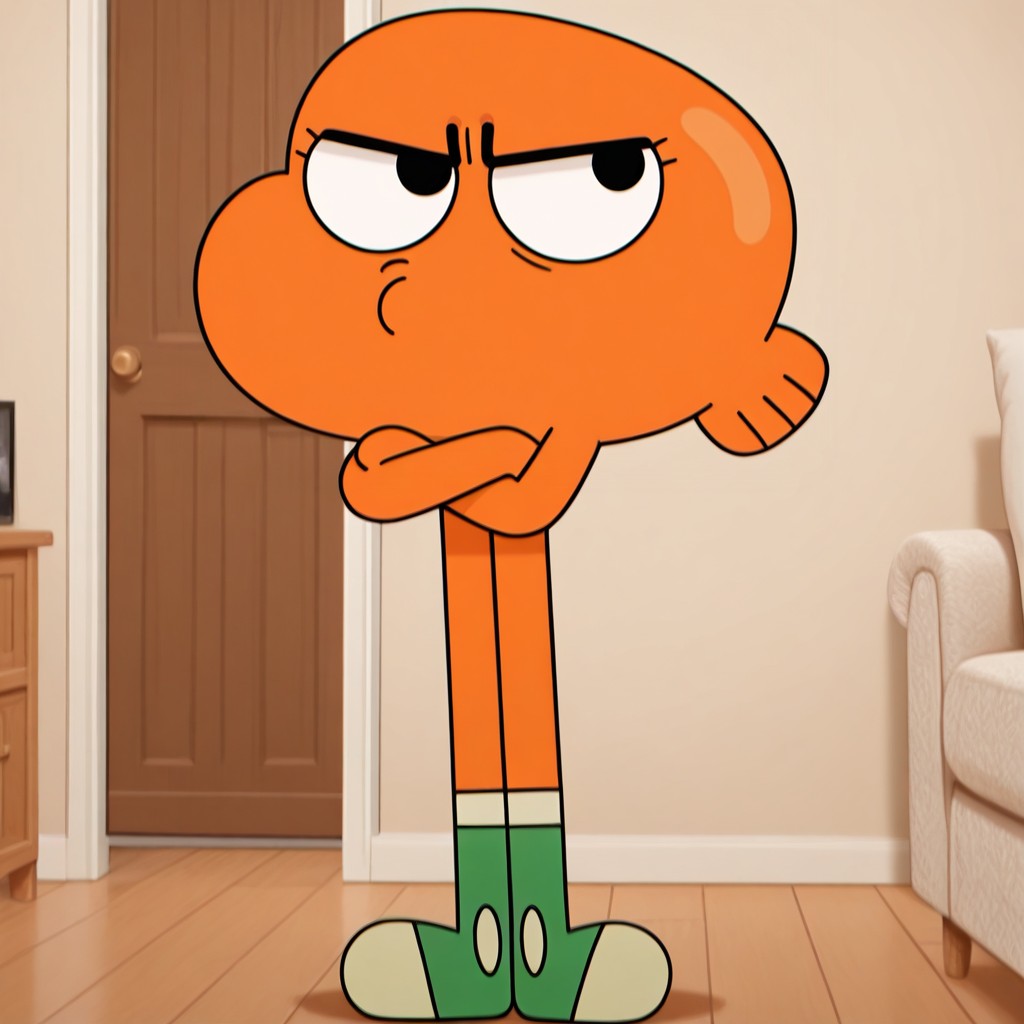 masterpiece, best quality, amazing quality, d4rw1n, male, furry male, anthro, solo, young, goldfish, orange skin, black eyes, small eyelashes, long legs, tailfin, white and green shoes, standing, upset, crossed arms, pout, indoors, living room