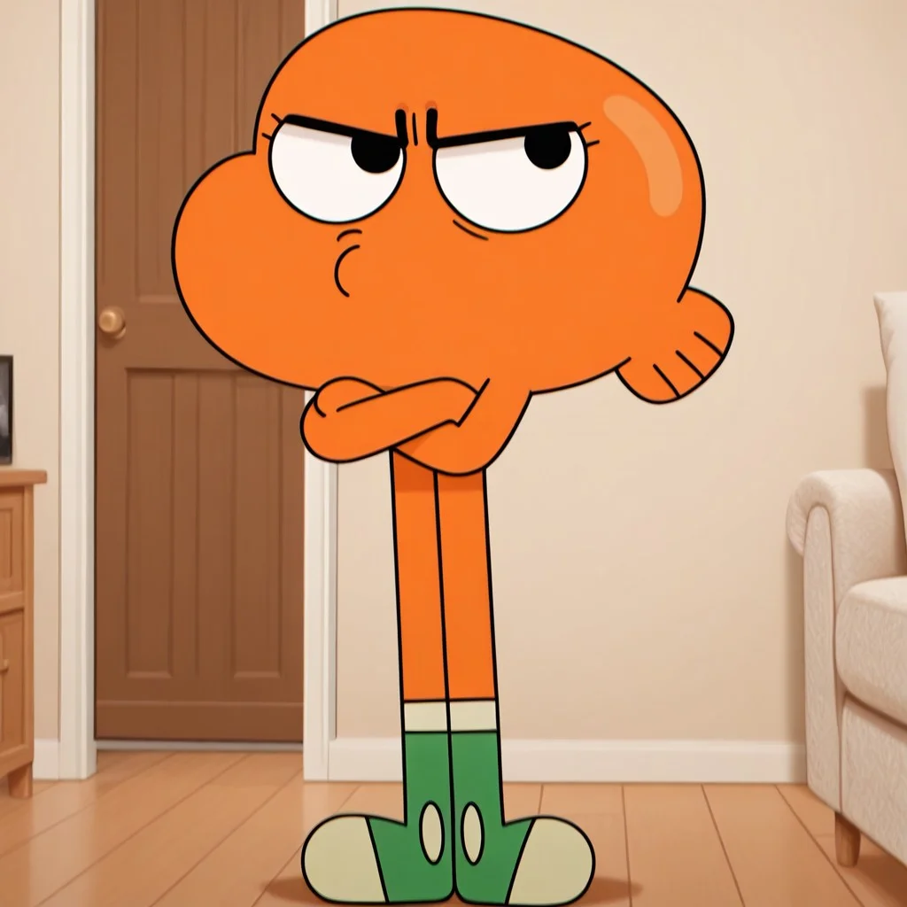masterpiece, best quality, amazing quality, d4rw1n, male, furry male, anthro, solo, young, goldfish, orange skin, black eyes, small eyelashes, long legs, tailfin, white and green shoes, standing, upset, crossed arms, pout, indoors, living room