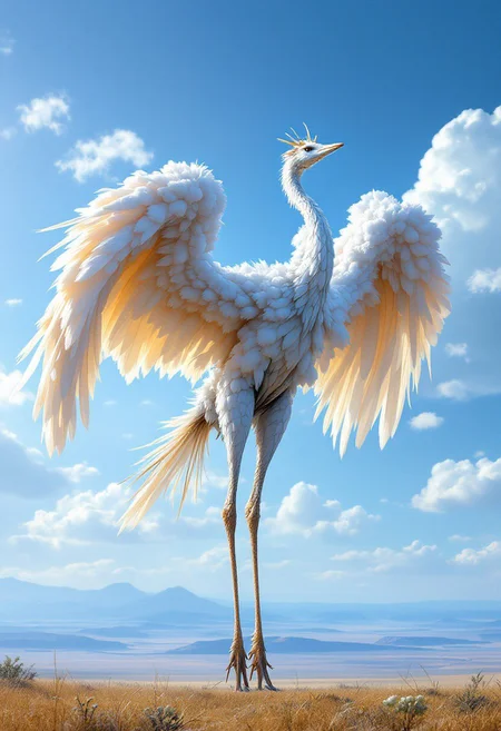 A stunning conceptual shot of the Cloudstep Strider, a unique hybrid creature that combines the towering height of a giraffe and the elegance of a crane. The creature has a long, slender neck and legs, adorned with soft, cloud-like plumage that changes color to match the sky. Its head features a delicate crane-like beak and a small crown of feathery crests. The Cloudstep Strider is depicted in a vast open plain, with its massive wings spread as it glides gracefully across the sky. The background showcases a breathtaking view of the horizon, capturing the creature's seamless blend with its surroundings., cinematic, conceptual art