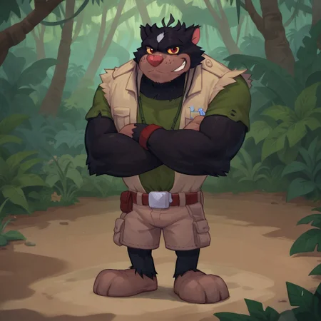 Score_7_up, score_8_up, score_9, full body, solo male, rangerken, black and white fur, vest, green undershirt, shorts, crossed arms, grin, eyebrows raised, jungle, detailed background,