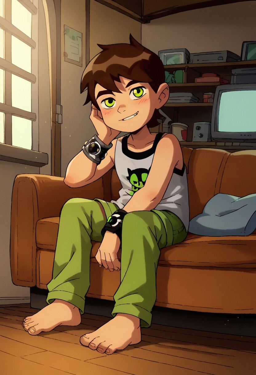 score_9, score_8_up, score_7_up, score_6_up, score_5_up, score_4_up, cute boy , brown hair, green eyes, bracelet, smog slime, wear pajamas, tiny shorts , Tank top shirt , bare foot , sitting in a chair , messy bedroom , TV , games , windows , sun.