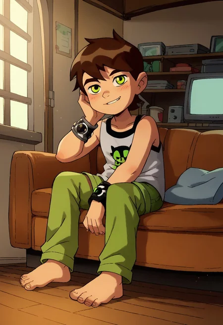 score_9, score_8_up, score_7_up, score_6_up, score_5_up, score_4_up, cute boy , brown hair, green eyes, bracelet, smog slime, wear pajamas, tiny shorts , Tank top shirt , bare foot , sitting in a chair , messy bedroom , TV , games , windows , sun.