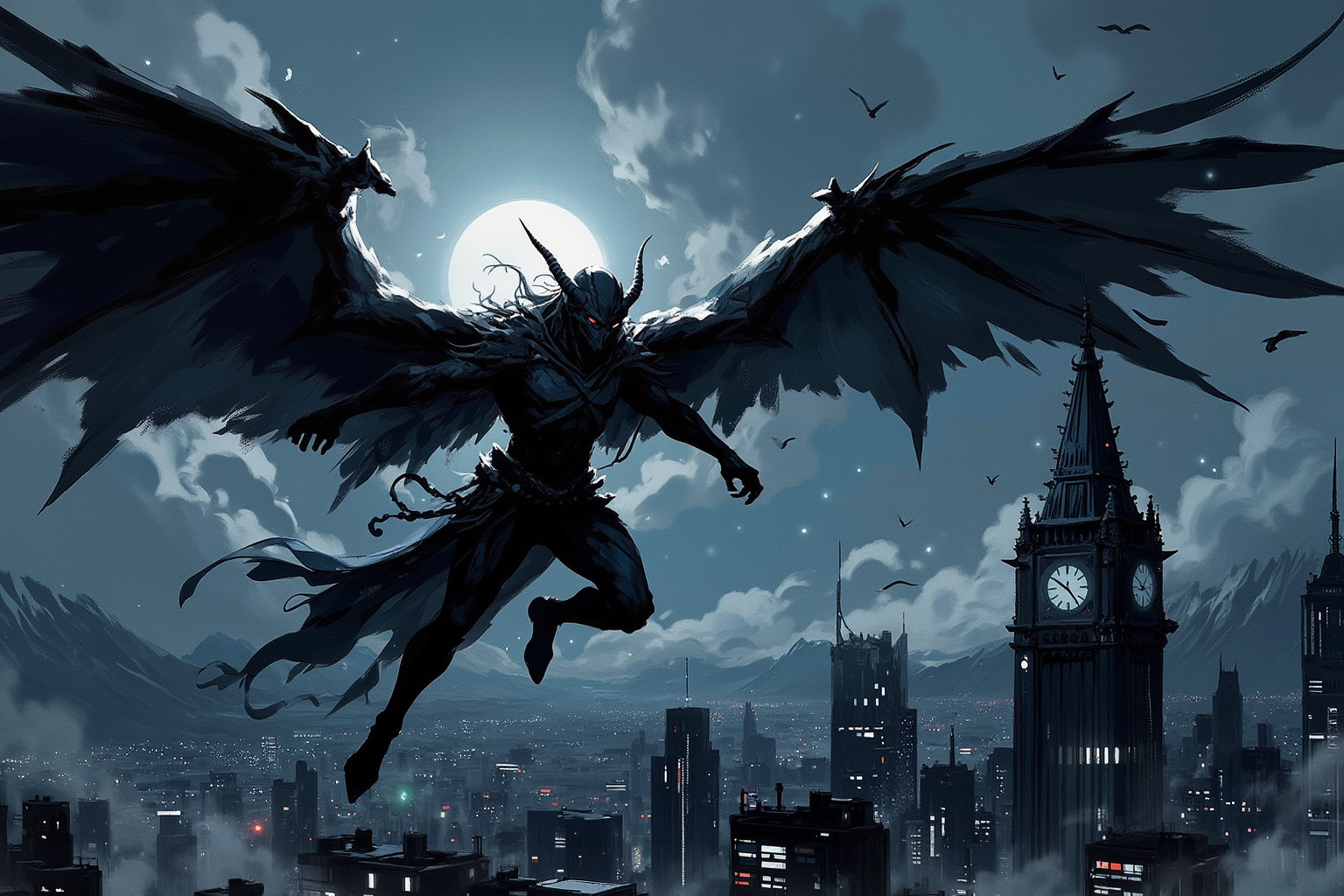 Special Ink-drawing mode, soft lighting with dynamic highlights,  tiefling demon, with huge black wings, soaring over the night city
