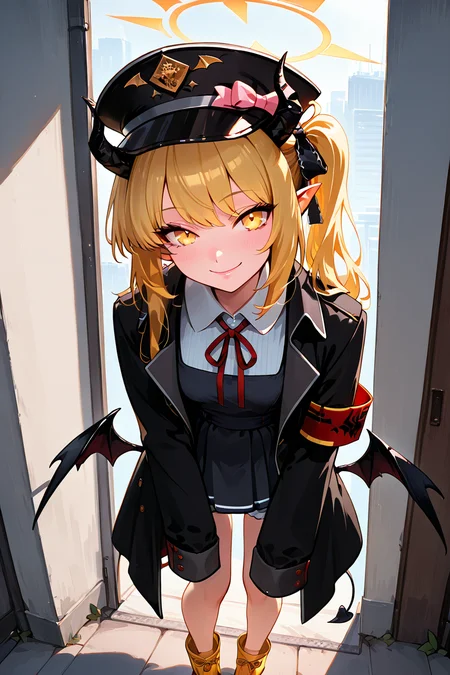 masterpiece, best quality, 1girl, solo, 21 year old model, eyelashes, (beautiful eyes), ,,, zzIbuki, yellow eyes, yellow halo, blonde hair, long hair, tail, side ponytail, horns, demon horns, black horns, hair ribbon, pointy ears, wings, demon wings, black wings, tail, demon tail, horns, black tail, demon horns, black horns, demon girl, low wings, hair ribbon, neck ribbon, black headwear, red ribbon, peaked cap, black coat, collared shirt, long sleeves, open coat, pinafore dress, sleeves past fingers, black dress, hat bow, white shirt, yellow footwear, boots, white shorts, oversized clothes, red armband, military hat, pink bow, <lora:IbukiBlueArchiveIXL:1.0>,,,,solo, (beautiful eyes), beautiful lips, upper body, leaning forward, portrait, smile, looking at viewer, <lora:CyberPerfectionIXL:1.0>,