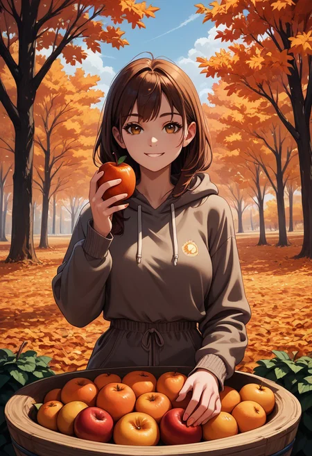 score_9,score_8_up, 1girl, autumn, fruits, light smile, looking at viewer