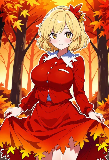 bollzzalguy style, ((forest)), ((autumn)), ((evening time)), 1girl, solo, ((standing)), ((posing)), smile, looking at viewer, ((large breasts)), (aki shizuha), blush, blondie hair, short hair, yellow eyes, red shirt, long sleeves, red skirt, leaf hair ornament, maple leaf, autumn leaves, torn clothes