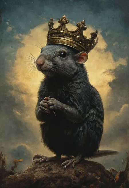 Eager to explore this newfound power, the King eagerly consumed the potion. To his surprise, the potion had an unexpected side effect. Instead of understanding the language of animals, the King found himself transforming into a small, helpless creature - a rat., Victorian rat, (vacations, high resolution:1.3), (small, selective focus, european film:1.2), (sexual advance:1.1), ,end of hopes ,silence, extremely detailed,dark,sad, easynegative, digital artwork by Beksinski, extremely detailed, dark, chiaroscuro, low-key,in the style of Kelly Slater ,style by Kelly Slater,closeup,digital artwork by Beksinski, style of Kelly Slate
