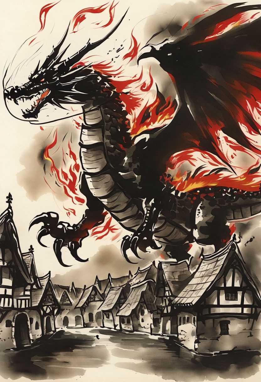 giant ((((flaming)))) black-red dragon in the sky BREAK
medieval village BREAK
(ink-style, ink_wash_painting)