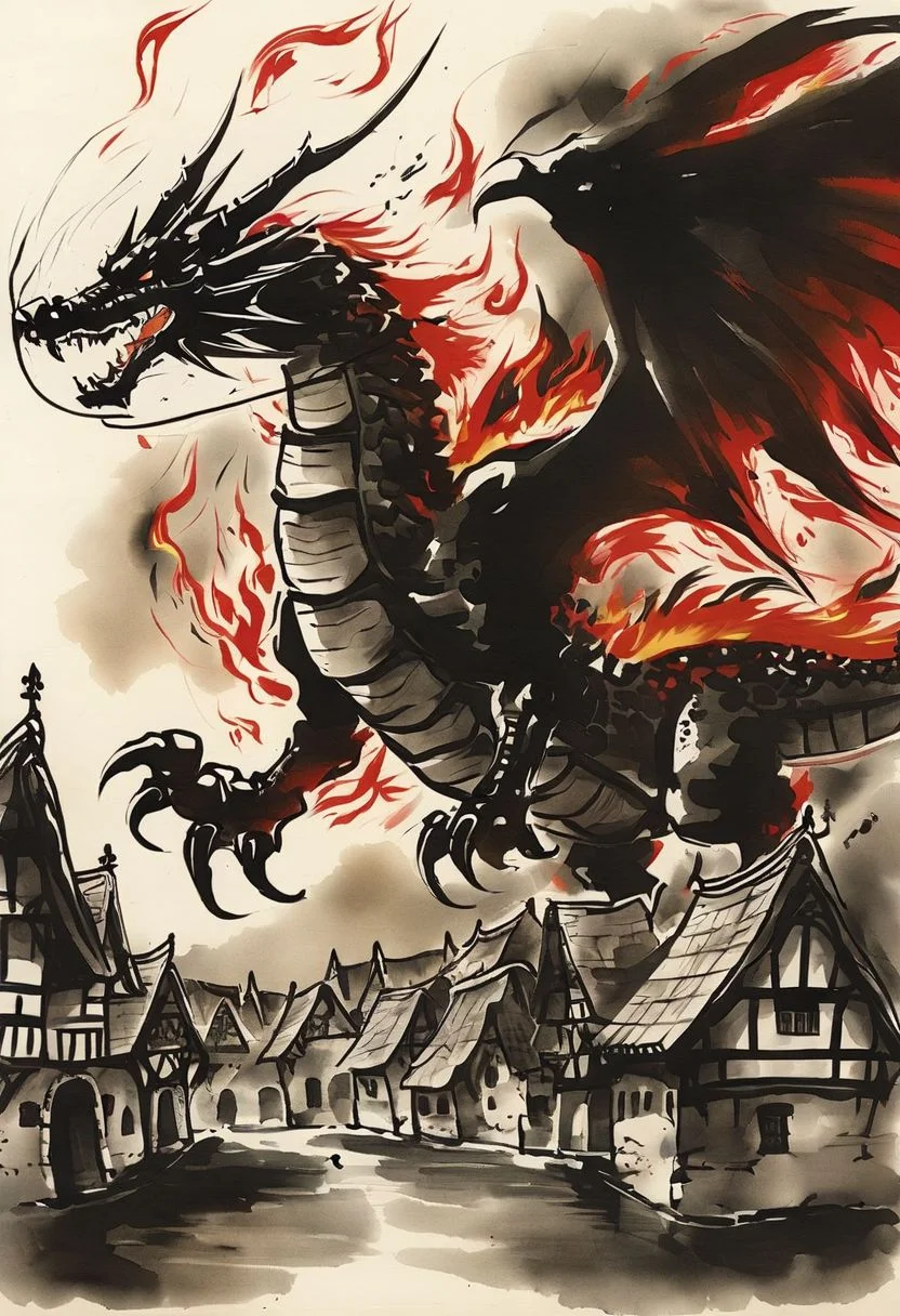 giant ((((flaming)))) black-red dragon in the sky BREAK
medieval village BREAK
(ink-style, ink_wash_painting)