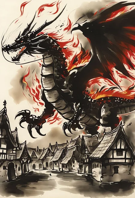 giant ((((flaming)))) black-red dragon in the sky BREAK
medieval village BREAK
(ink-style, ink_wash_painting)