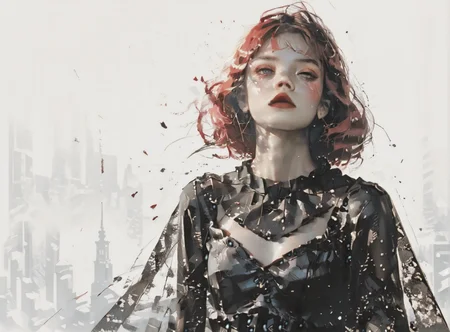 score_9, score_8_up, score_7_up, Fighting scene, shot from above, looking up against all odds, 1girl, pale skin, medium breasts, <lora:sm0k3XLP:1>, <lora:goth_clothes:1>, lollita dress, black dress, lollita, red details, Long white hair, young face, <lora:Our_Muted_Future_Style:1>, <lora:retro-neon-style:1> retro_neon,
