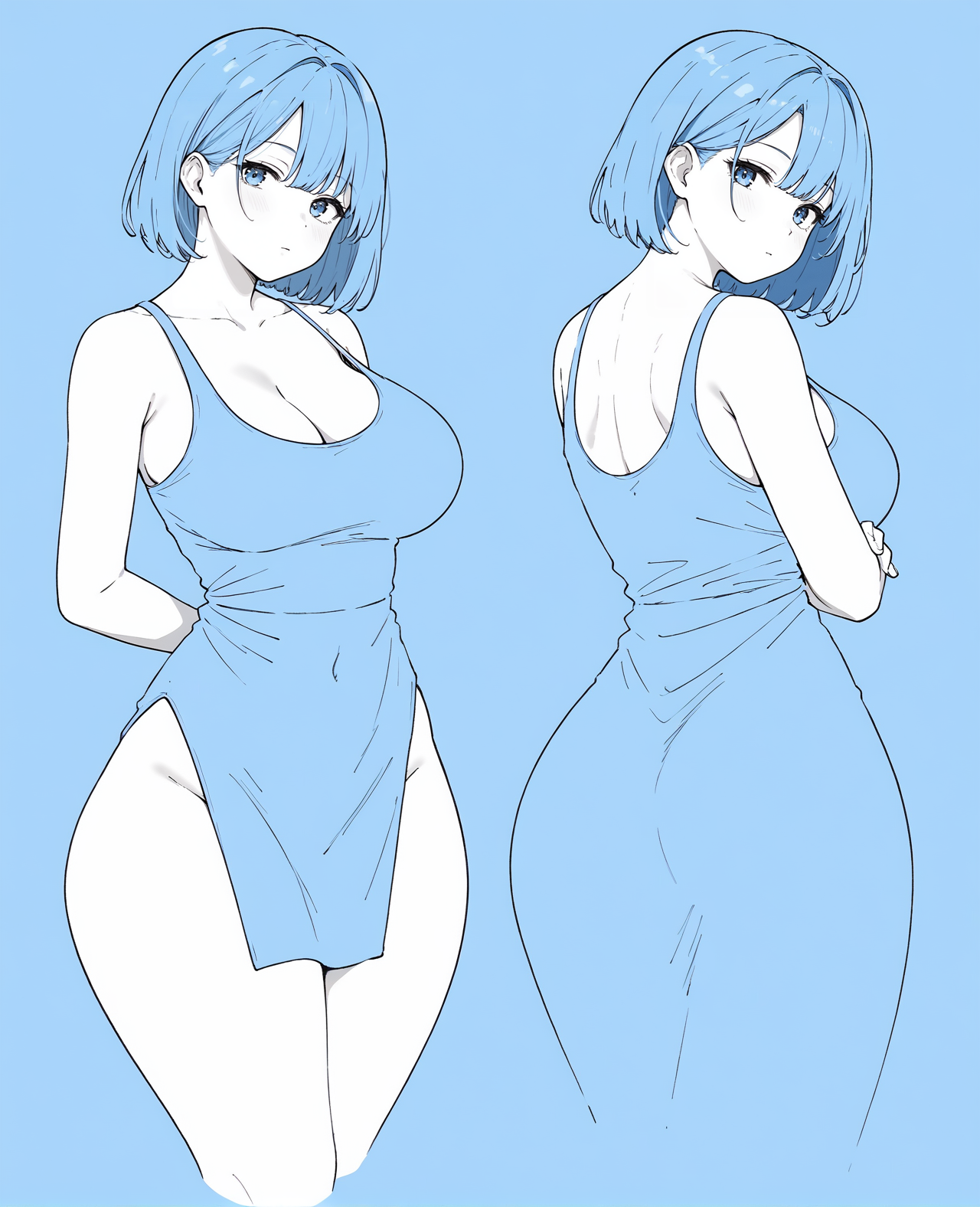 blending,score_9, score_8_up, score_7_up, score_6_up, score_5_up,1girl, large breasts, wide hips, looking back, posing, white skin, blue sleepwear, blue hair, blue background,<lora:Blending:1.5>