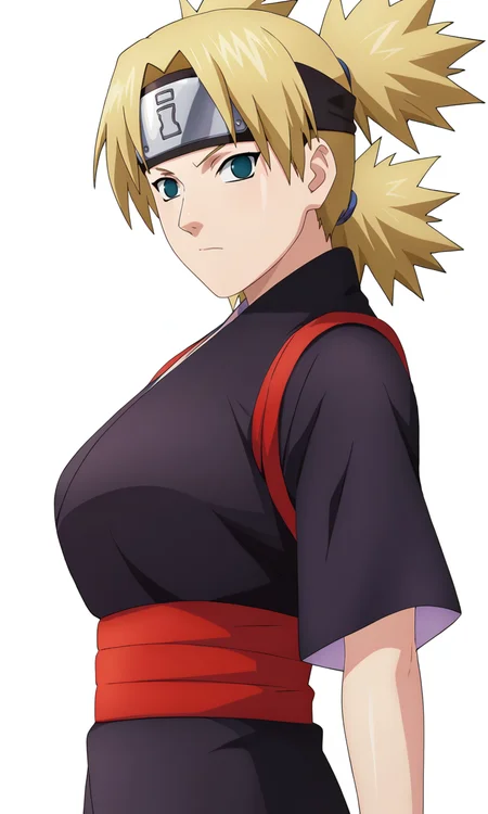 game cg,
from side, upper body,
BREAK
tmrshippuden, 1girl, solo, looking at viewer, quad tails, forehead protector, no pupils,
black kimono, red sash, collar, short sleeves, breasts,
simple background, white background,
<lora:Naruto_TemariShippuden_PXL-000018:1>