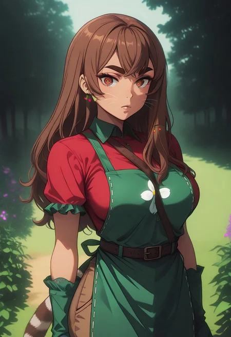 masterpiece, best quality, amazing quality, very aesthetic, absurdres, highres, newest, GLSHS, partially illuminated, Kakomi, ringed eyes, orange eyes, two-tone hair, brown hair, long hair, crossed bangs, hair over breasts, thick eyebrows, cherry hair ornament, cherry earrings, whiskers, tail, striped tail, large breasts, green apron, floral print apron, print apron, collared shirt, red shirt, short sleeves, frilled sleeves, green gloves, belt, strap between breasts, brown pants, dramatic lighting, cinematic, garden, flower, scenery, tree,