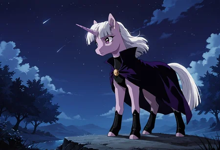 score_9, score_8_up, score_7_up, anime screencap, BREAK, Twilight Sparkle, a purple unicorn with purple eyes and white mane and tail, source_feral, cloak, outdoors, night sky, night, black leotard, source_anime, retro anime style