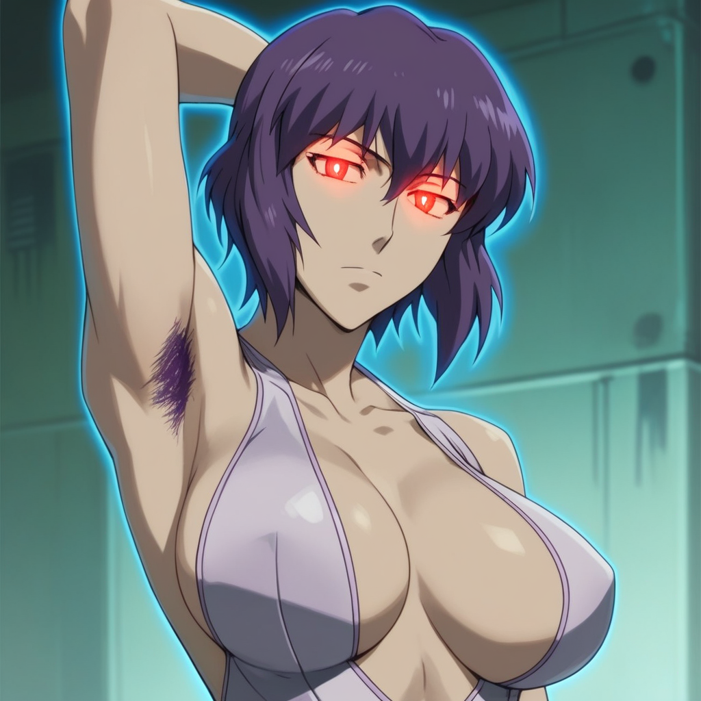 score_9, score_8_up, score_7_up, source_anime, expressive, anime, C0NTR4CT0R, speedlines, dynamic, 1girl, Motoko Kusanagi\(Ghost in the Shell\), (purple Hair:1.3), revealing clothing, armpit_hair, slender, short, large breasts, red_pupils, glowing, glowing eyes,