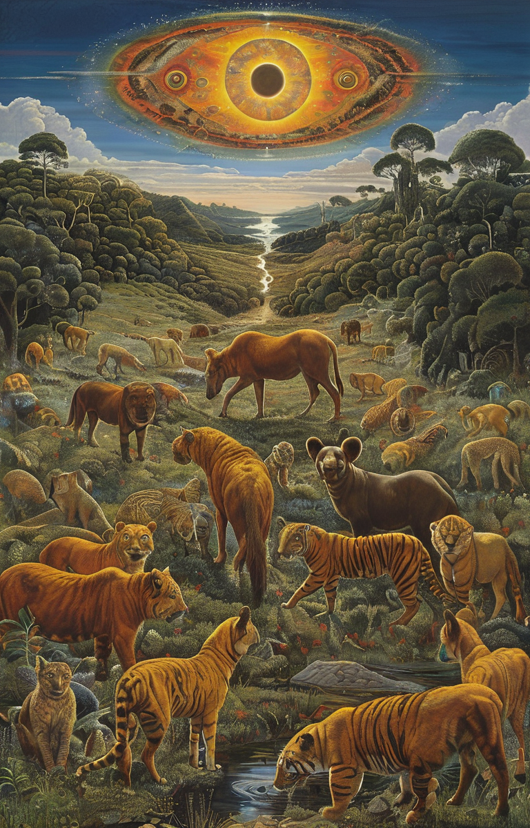 masterpiece,best quality,<lora:tbh376-sdxl:0.6>,illustration,style of Mati Klarwein, animals