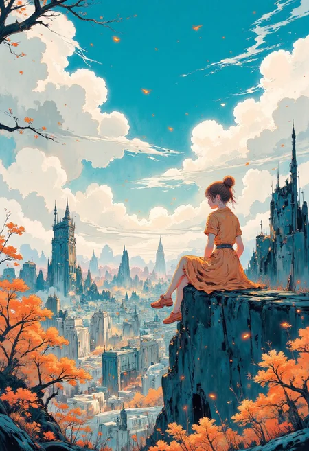 A dynamic anime-style illustration of a glamour woman sitting on the edge of a building in paris, overlooking the eiffel tower, high above the city. She has her legs stretched forward with her hands gently resting on her knees, her upper body leaning slightly forward. her cat rests next to her on the ledge. She wears a bright pink dress, and vibrant pink sandals with white soles. Her golden blonde hair flows naturally in the breeze.
The background features a vivid urban parisian cityscape , with detailed buildings, small cars, and bustling streets far below. The perspective emphasizes depth and height, creating a thrilling and adventurous atmosphere. The color scheme is dominated by bright blue and pink tones, with orange and green elements.
The sunlight casts soft, warm shadows, enhancing the vibrant and energetic mood. The overall composition is dynamic and asymmetrical, with a strong sense of scale and movement in the scene.
<lora:Anime v1.3:1.2> <lora:Blue_Future:0.9>, painted world