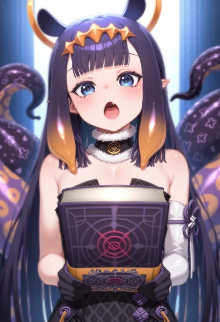 <lora:in_ain:1>, in (ain) style, masterpiece, absurdres, highres,amazing quality, best quality, extremely detailed, 8k,1girl,black gloves,black hair,blue eyes,book,diamond hairband,fang,fur-trimmed collar,fur trim,gloves,gradient hair,green hair,holding,holding book,long hair,multicolored hair,ninomae ina'nis,ninomae ina'nis (1st costume),open book,open mouth,solo,tentacle hair,tentacles