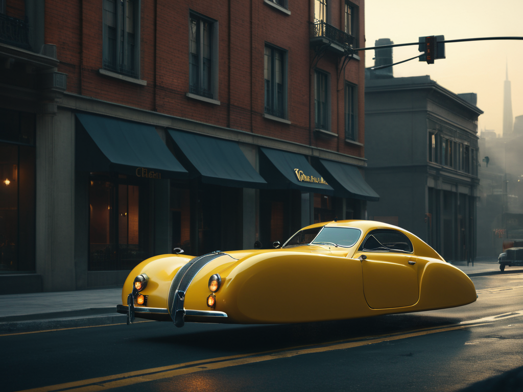 hovering car, <lora:Hovering_Car_SDXL_v1:1>Hovering_Car, 1937, city streets, no wheels,, (1939s automobile) retro cyberpunk style, clean lines, sharp edges, streamline, (futuristic concept car:1.2), detailed, vintage style, hyper realistic, 16k, cinematic lighting, wide shot, f/3.6, gotham city background, gloomy, haze, perfect composition, beautiful detailed intricate insanely detailed octane render trending on artstation, 8 k artistic photography, photorealistic concept art, soft natural volumetric cinematic perfect light, chiaroscuro, award - winning photograph, masterpiece, oil on canvas, raphael, caravaggio, greg rutkowski, beeple, beksinski, giger