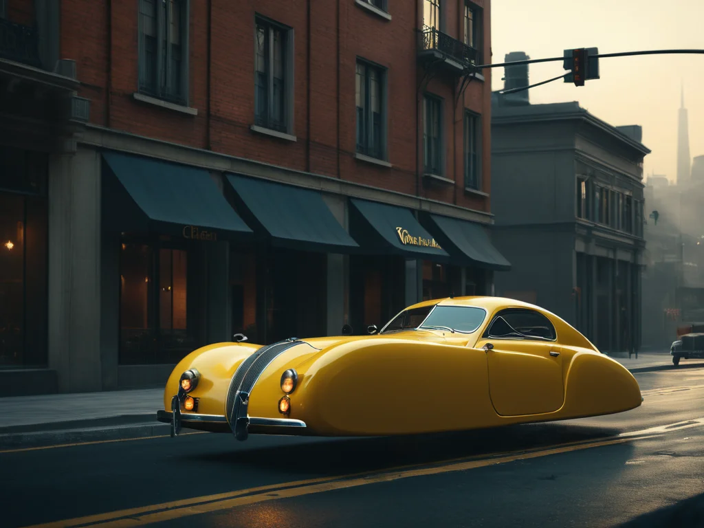 hovering car, <lora:Hovering_Car_SDXL_v1:1>Hovering_Car, 1937, city streets, no wheels,, (1939s automobile) retro cyberpunk style, clean lines, sharp edges, streamline, (futuristic concept car:1.2), detailed, vintage style, hyper realistic, 16k, cinematic lighting, wide shot, f/3.6, gotham city background, gloomy, haze, perfect composition, beautiful detailed intricate insanely detailed octane render trending on artstation, 8 k artistic photography, photorealistic concept art, soft natural volumetric cinematic perfect light, chiaroscuro, award - winning photograph, masterpiece, oil on canvas, raphael, caravaggio, greg rutkowski, beeple, beksinski, giger