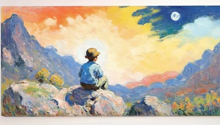 Positiv Clip L
impressionist painting oilpainting of a  ,  (in the style of Claude Monet), a boy sitting on a rock looking at the sky and mountains with a full moon in the sky above
Positive Clip G
impressionist painting oilpainting of a   ,  (in the style of Claude Monet), a boy sitting on a rock looking at the sky and mountains with a full moon in the sky above
---------